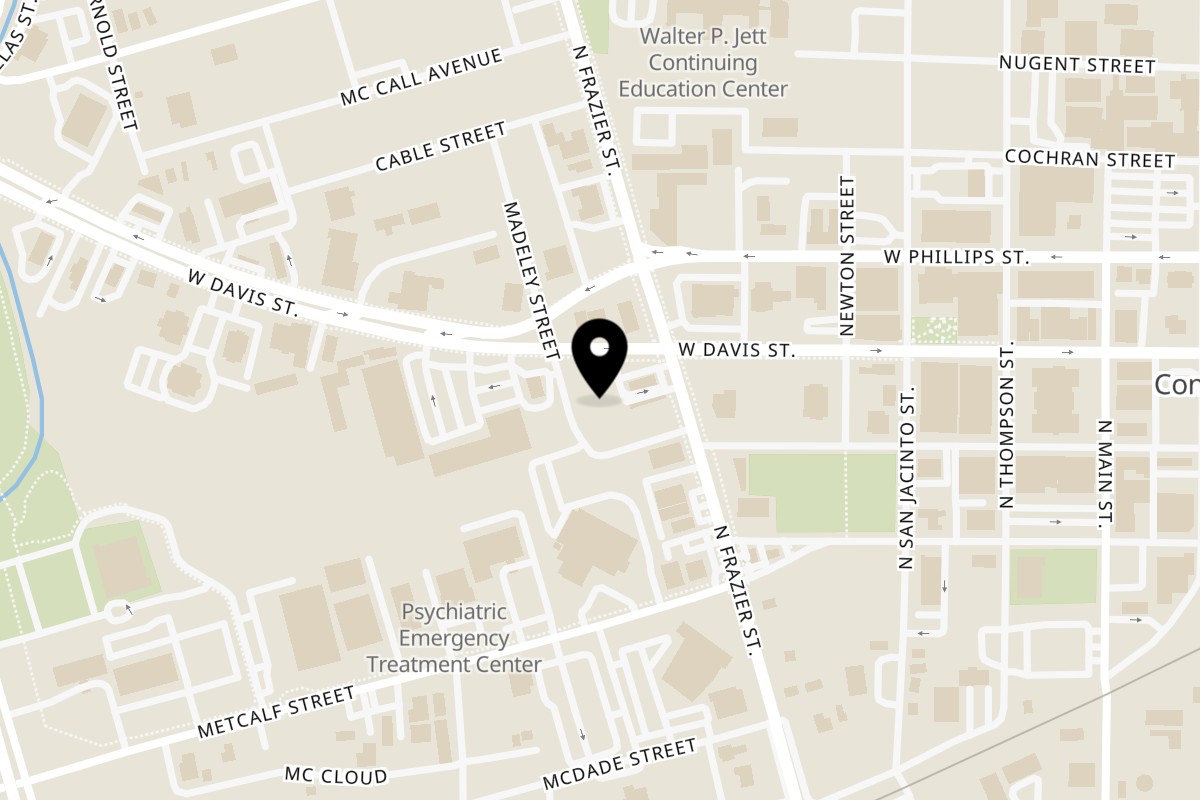 Map showing the location of Grapeleaf Mediterranean Grille on 316 Madeley St in Conroe